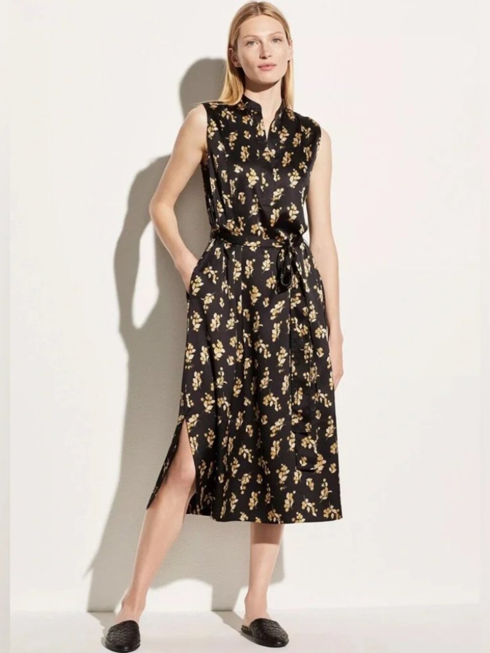 $425 Vince Women's Black Yellow Dandelion Popover Midi Dress Size M